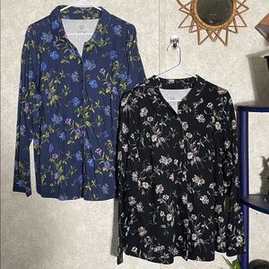 Pair of Isaac Mizrahi Long Sleeve Buttoned Up Floral Shirts. Blue. Black. US 1x